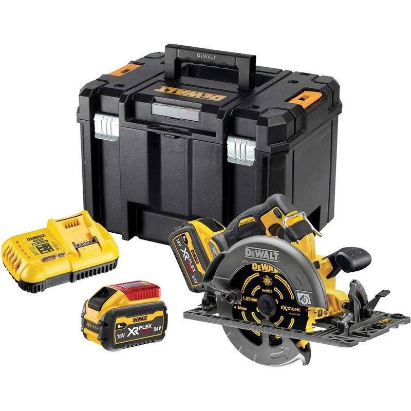 DeWalt DCS579 54v XR Cordless Brushless FLEXVOLT High Power Rail Compatible Circular Saw 190mm 2 x 9ah Li-ion Battery Charger Case