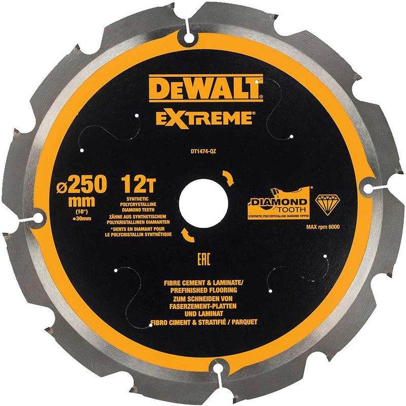 DeWalt PCD Fibre Cement Saw Blade 250mm 12T 30mm