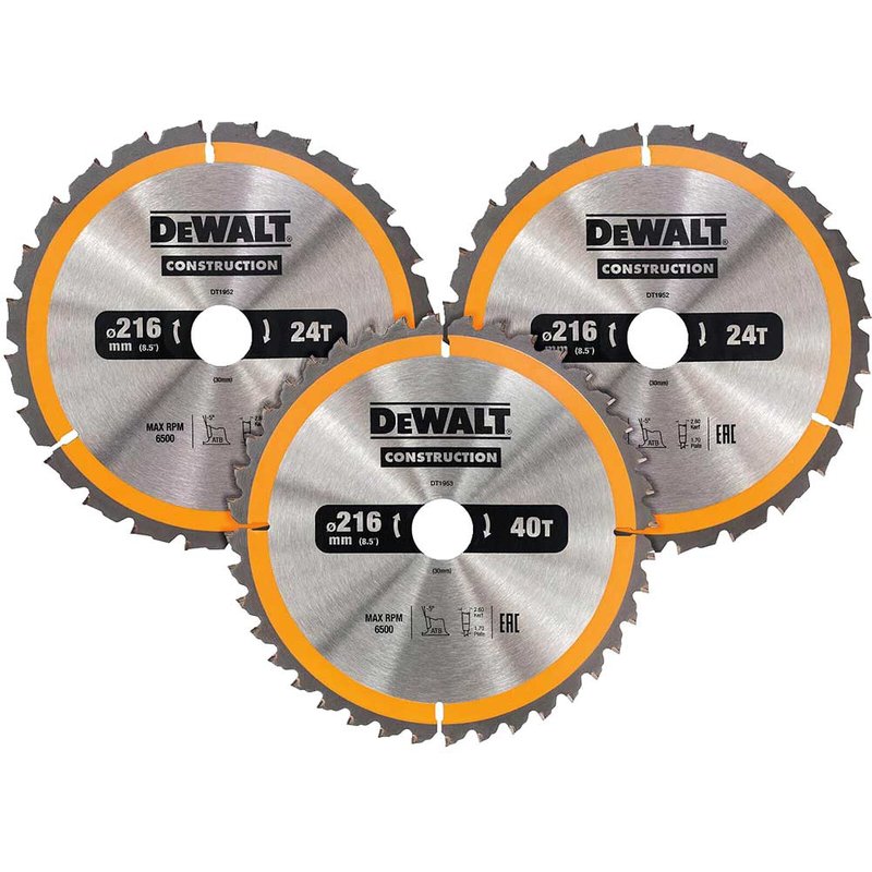 DEWALT Power Tools DT1962 Construction Circular Saw Blade 3 Pack 216 x 30mm 2 x 24T 1 x 40T DT1962-QZ