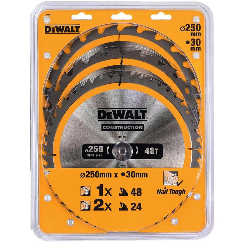 DEWALT Power Tools DT1963 Construction Circular Saw Blade 3 Pack 250 x 30mm x 24T/48T DT1963-QZ