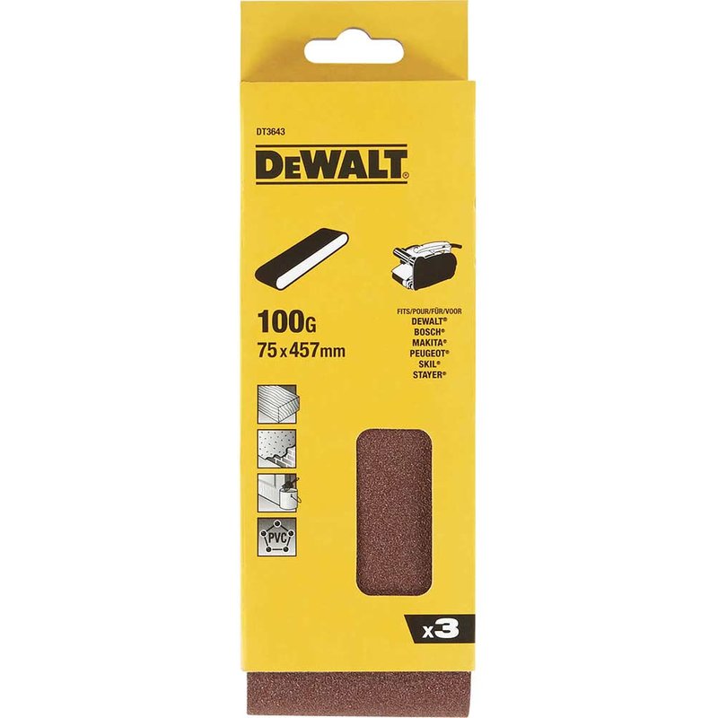 DeWalt 75 X 457mm Sanding Belts 75mm x 457mm 100g Pack of 3