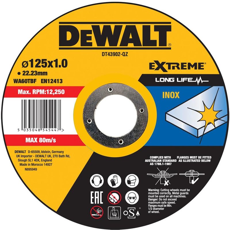 Dewalt Extreme Long Life INOX Stainless Steel Cutting Disc 125mm 1mm Pack of 1