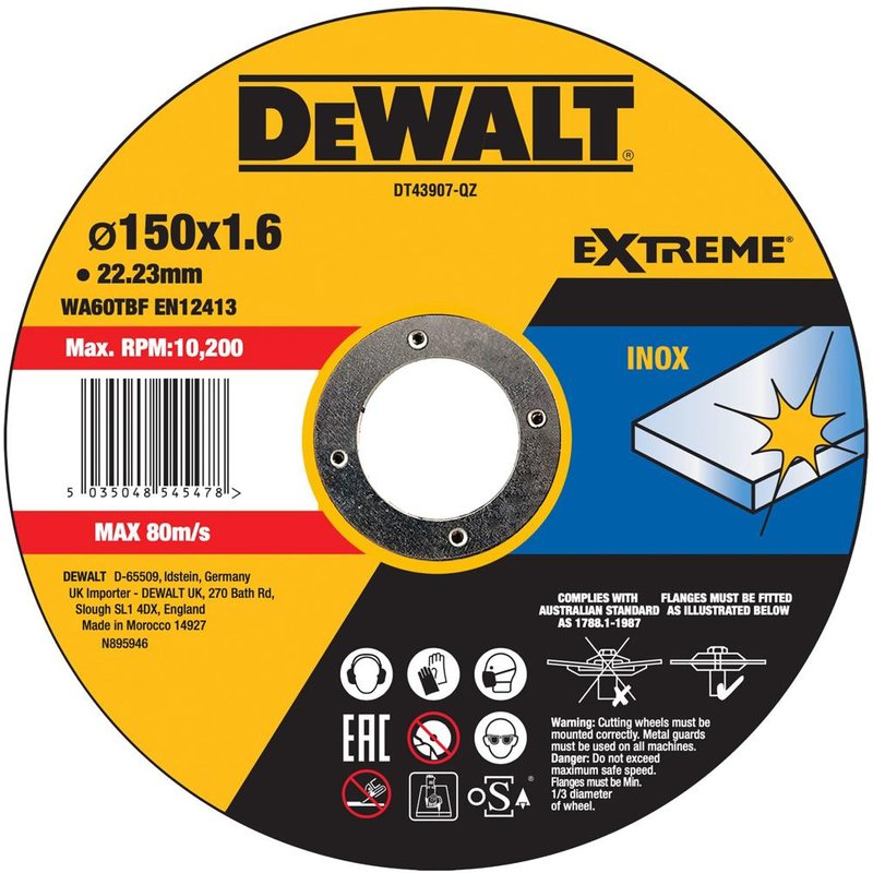 Dewalt Extreme Long Life INOX Stainless Steel Cutting Disc 150mm 1.6mm Pack of 1