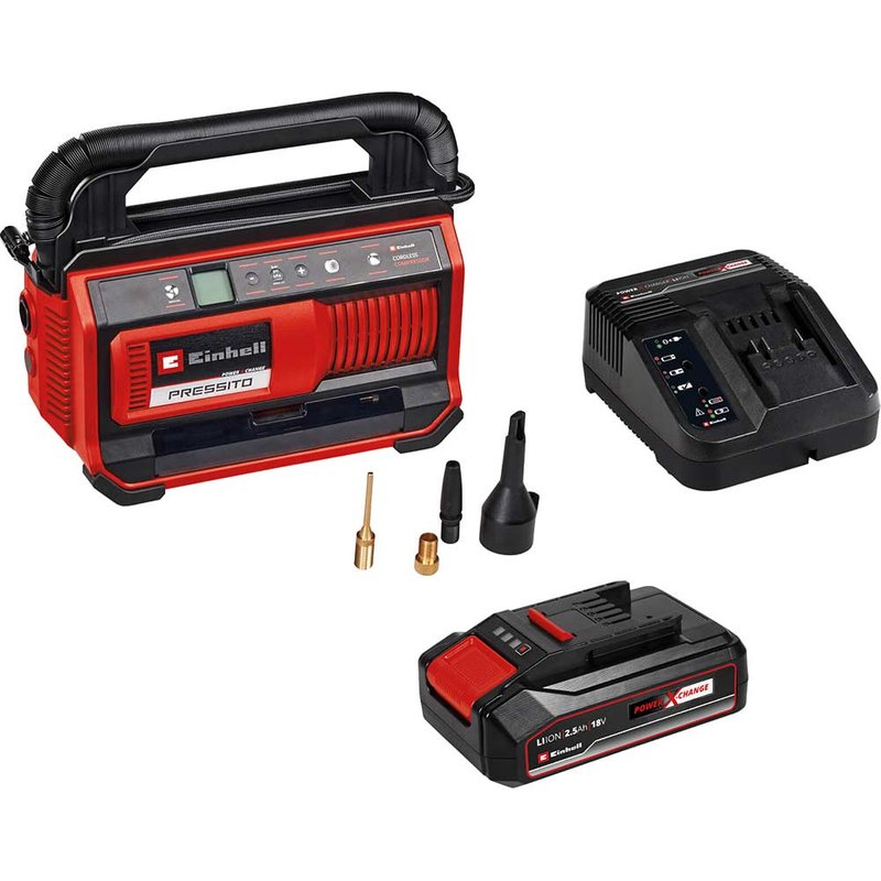Einhell PRESSITO 18/25 18v Cordless Air Compressor Pump and Inflator 2 x 2.5ah Li-ion Battery Charger