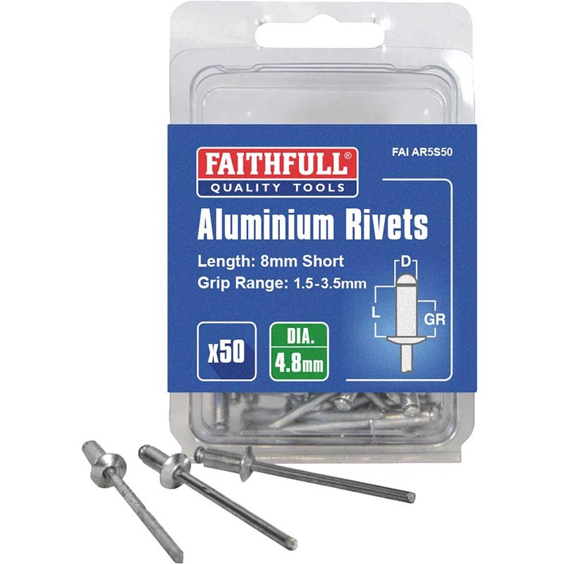 Faithfull Aluminium Rivets 4.8 x 8mm Short Pre-Pack of 50 FAIAR5S50