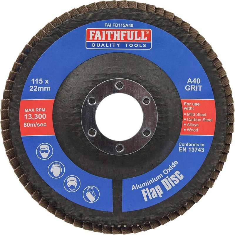 Faithfull Aluminium Oxide Flap Disc 115 x 22mm 40 Grit FAIFD115A40
