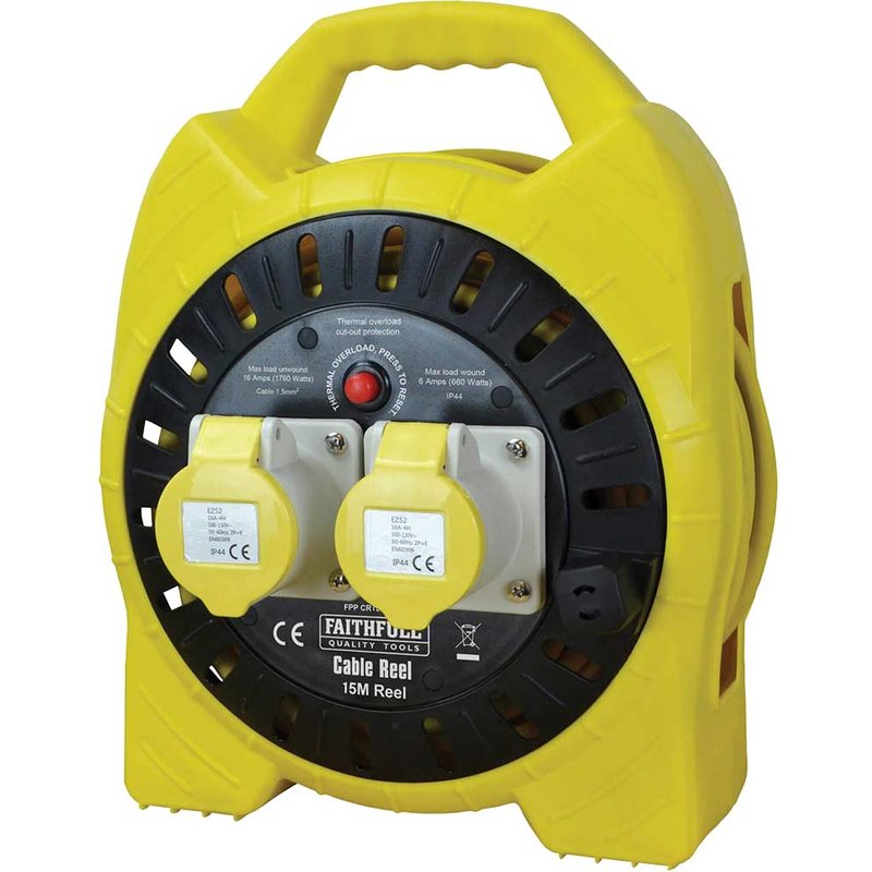 Faithfull Power Plus Semi-Enclosed Cable Reel 110V 16A 2-Socket 15m (1.5mm Cable)