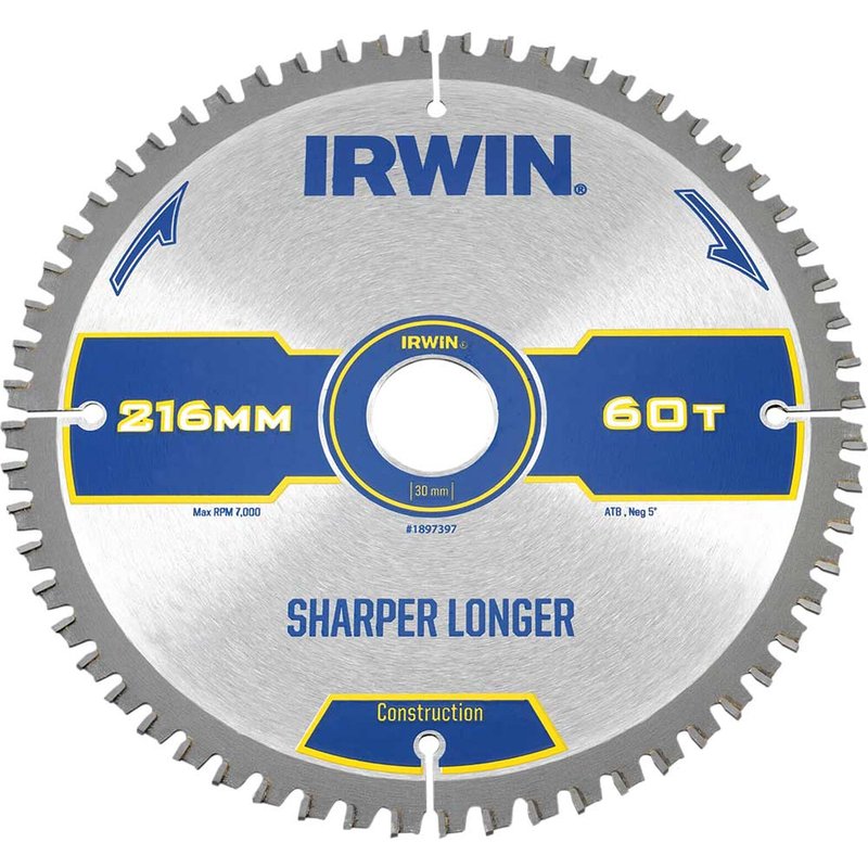 Irwin IRWIN® Construction Mitre Circular Saw Blade 216 x 30mm x 60T ATB/Neg 1897397