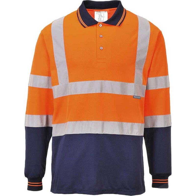 Portwest Mens Hi Vis Contrast Polo Long Sleeve Shirt Orange / Navy 2XL
