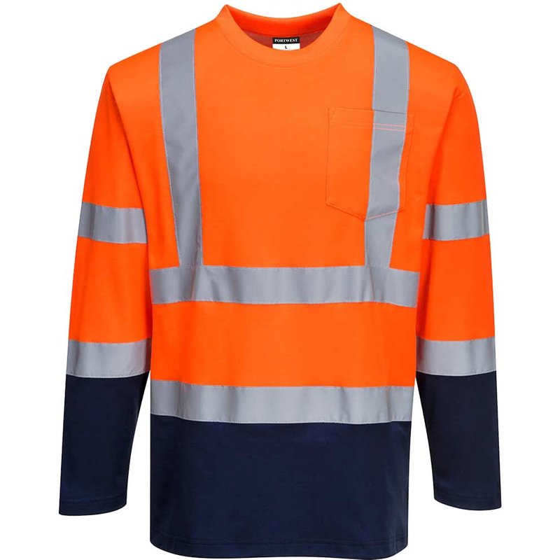 Portwest Hi Vis Cotton Comfort Contrast Long Sleeve T Shirt Orange / Navy 3XL