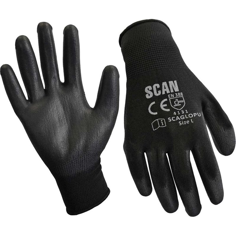 Scan Black PU Coated Gloves - L (Size 9) (240 Pairs) 2AYH22L-24