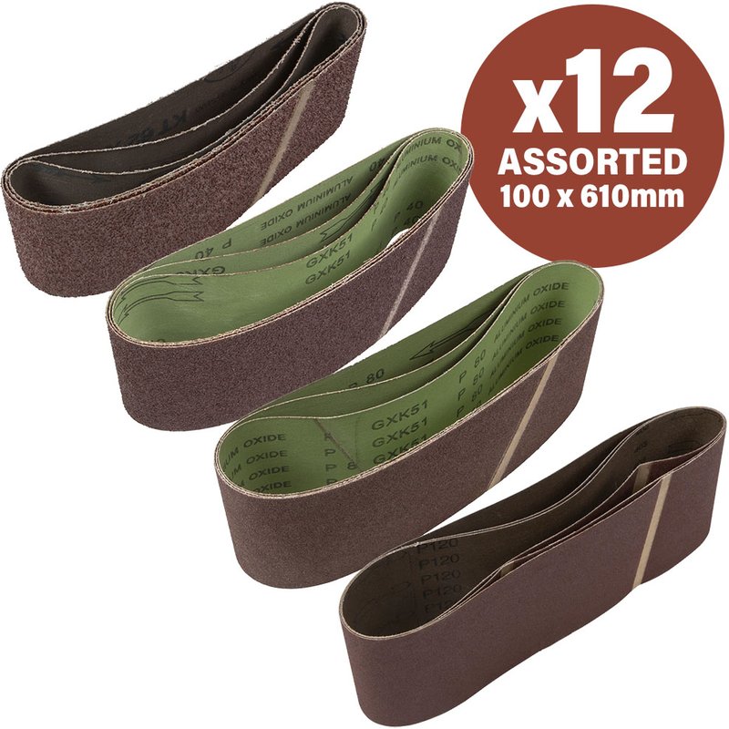 Sirius 12 Piece Assorted 100mm x 610mm Sanding Belts 100mm x 610mm Assorted Pack of 12