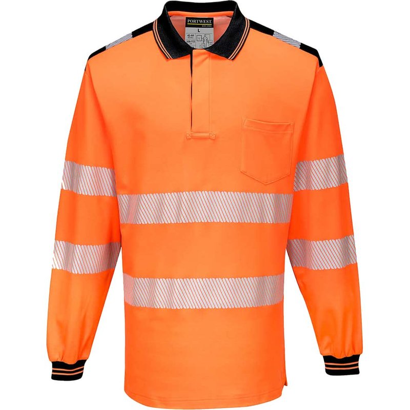 Portwest PW3 Hi Vis Cotton Comfort Polo Long Sleeve Shirt Orange / Black 4XL