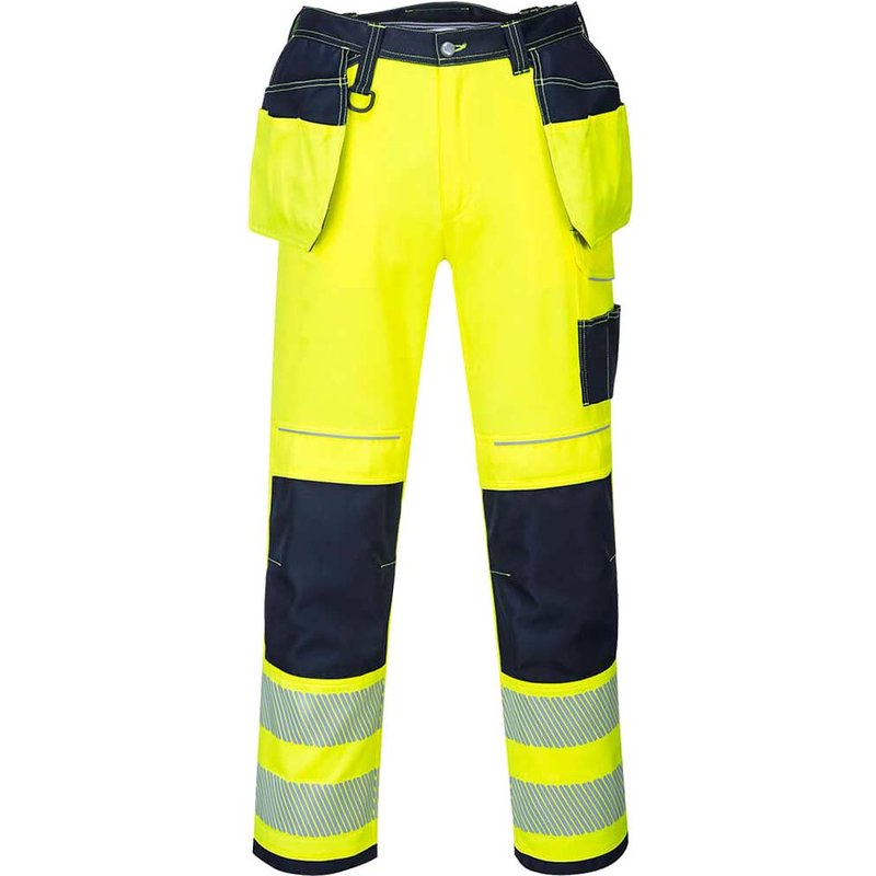 Portwest PW3 Hi Vis Holster Pocket Work Trousers Yellow / Navy 41" 31"