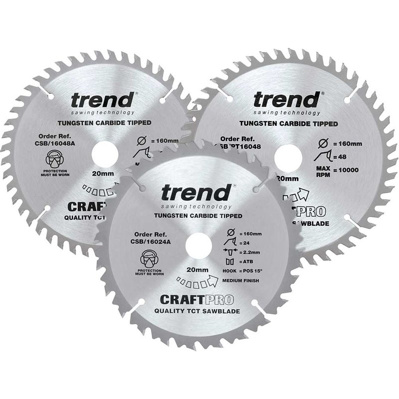 Trend CRAFTPRO 3 Piece 160mm Circular Saw Blade Set 160mm Assorted Teeth 20mm