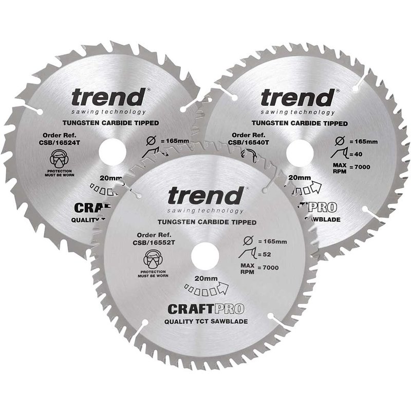 Trend CraftPro Cordless Saw Blade 165 x 20mm x 24T/40T/52T (Pack 3) CSB/165/3PK/B