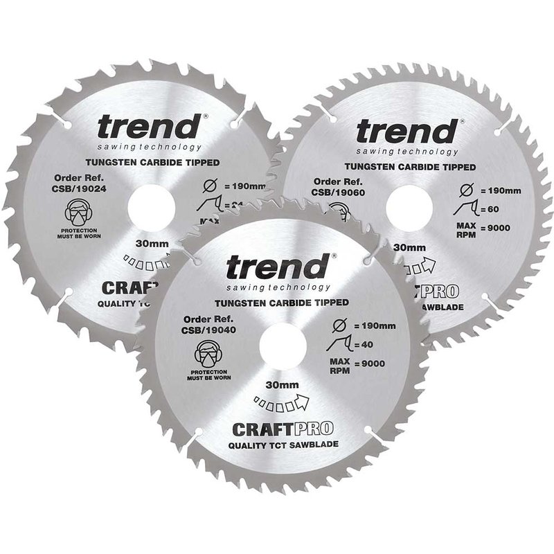 Trend CRAFTPRO 3 Piece 190mm Circular Saw Blade Set 190mm Assorted Teeth 30mm