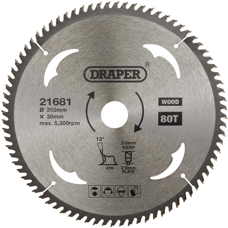Draper TCT Wood Cutting Circular Saw Blade 250mm 80T 30mm