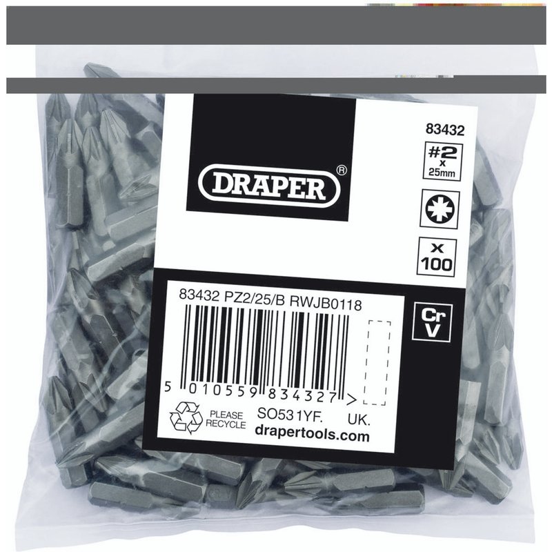 Draper Pozi Screwdriver Bits PZ2 25mm Pack of 100