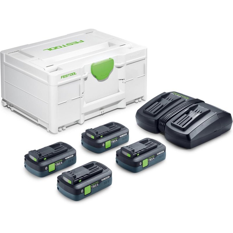 Festool SYS 18V 4xTBX4/TCL6DUO Energy Set 4 x 4.0Ah Tabless Batteries, Charger & Case - 578824