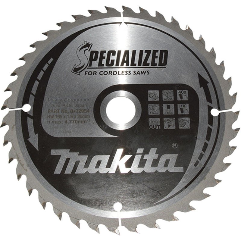 Makita SPECIALIZED Cordless Circular Saw Blade for Wood Cutting 165mm 40T 20mm