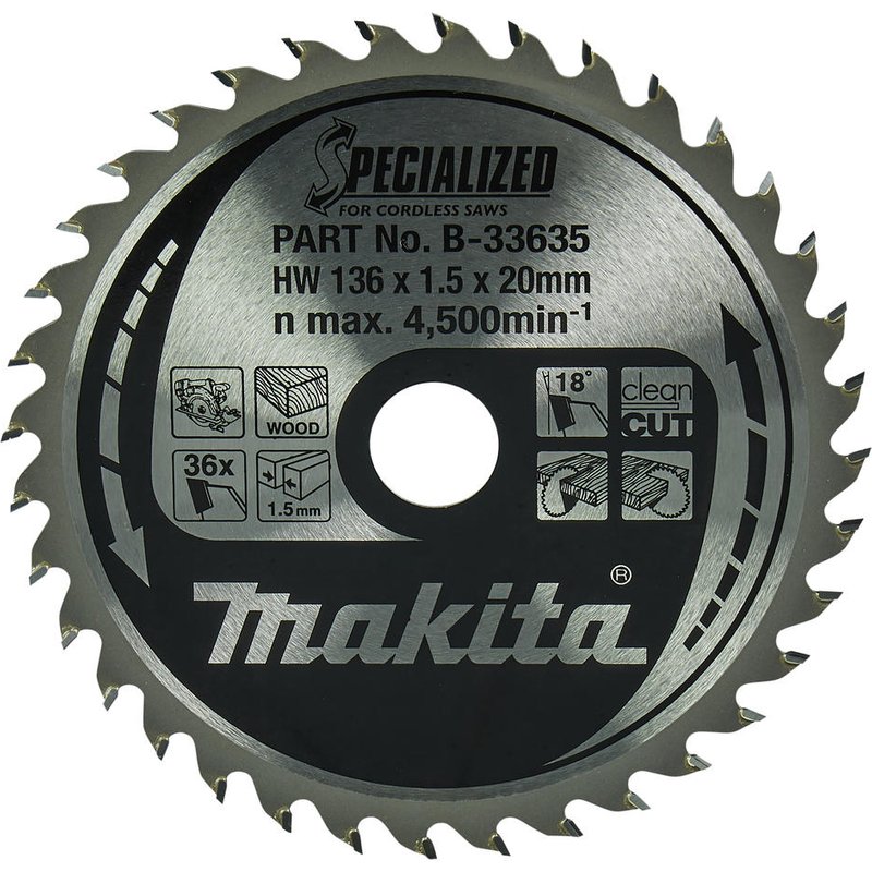 Makita SPECIALIZED Cordless Circular Saw Blade for Wood Cutting 136mm 36T 20mm