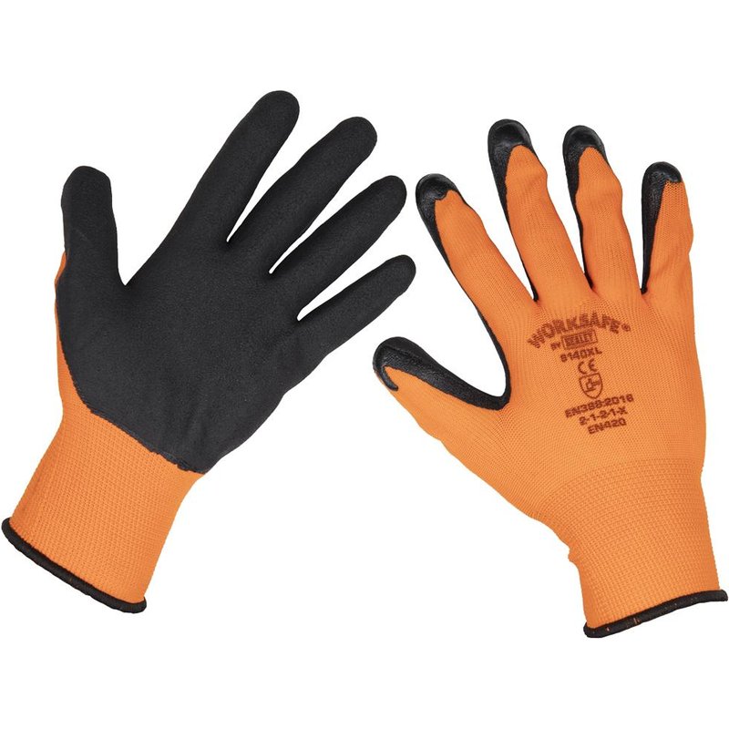 Sealey Worksafe Foam Latex Grip Gloves Black / Orange XL Pack of 1