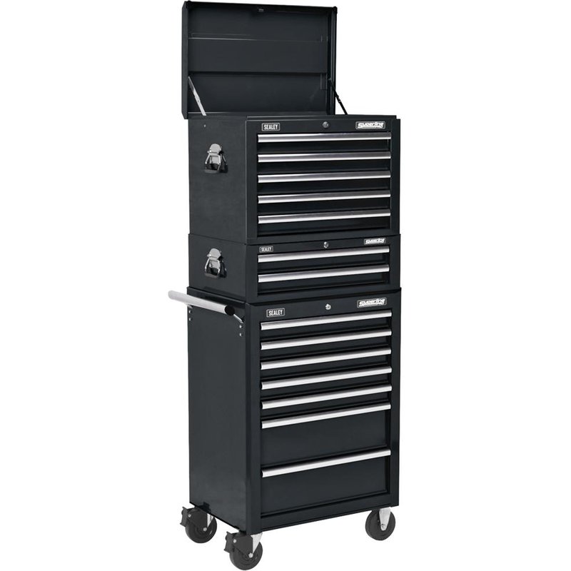 Sealey Superline Pro 14 Drawer Roller Cabinet, Mid Box and Top Tool Chest Black