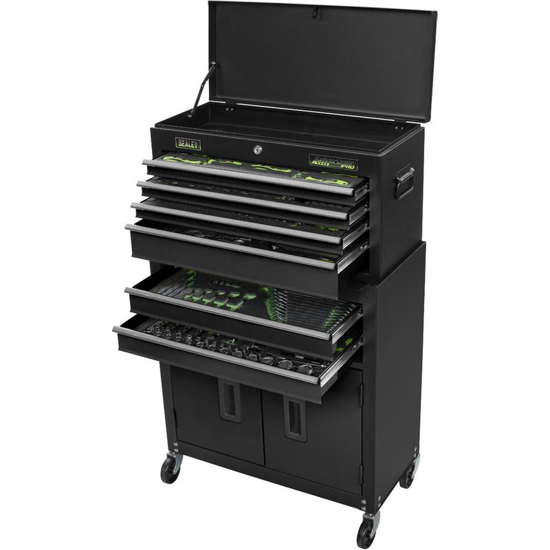 Siegen 247 Piece Tool Kit in Roller Cabinet and Top Chest Combination Black