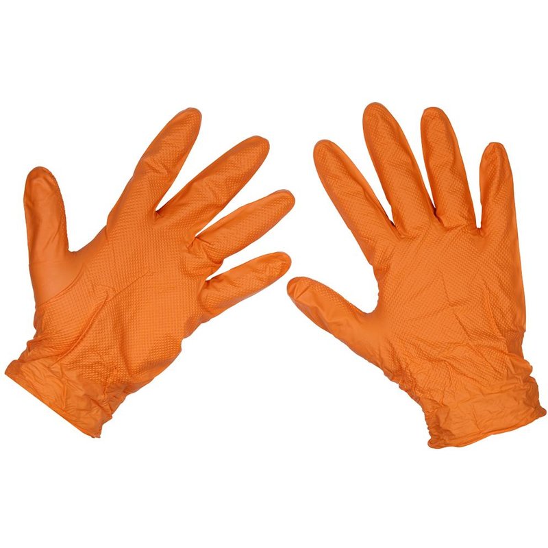 Sealey Diamond Grip Extra Thick Nitrile Powder Free Gloves Orange XL Pack of 50