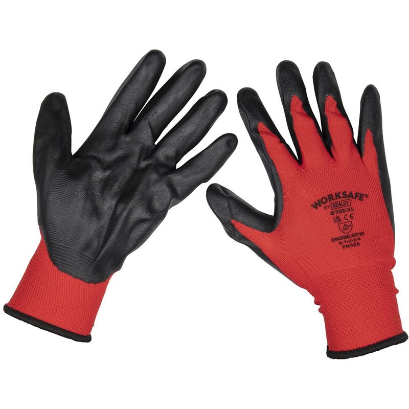 Sealey Worksafe Flexi Grip Nitrile Foam Palm Gloves Red / Black XL Pack of 6