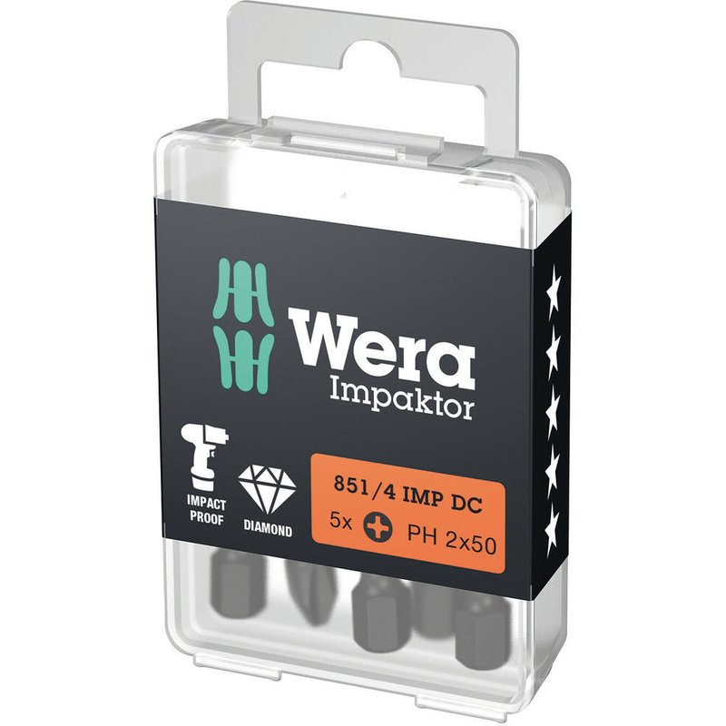 Wera 851/1 PH Impaktor Phillips Screwdriver Bits PH2 50mm Pack of 5