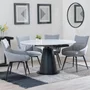 Photo of carrara extending dining set - 4-6 seater - 85cm-135cm - round - white ceramic - 4x ace swivel dining chairs - grey fabric