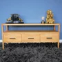 Photo of tv unit - wood and black glass - 3 drawer