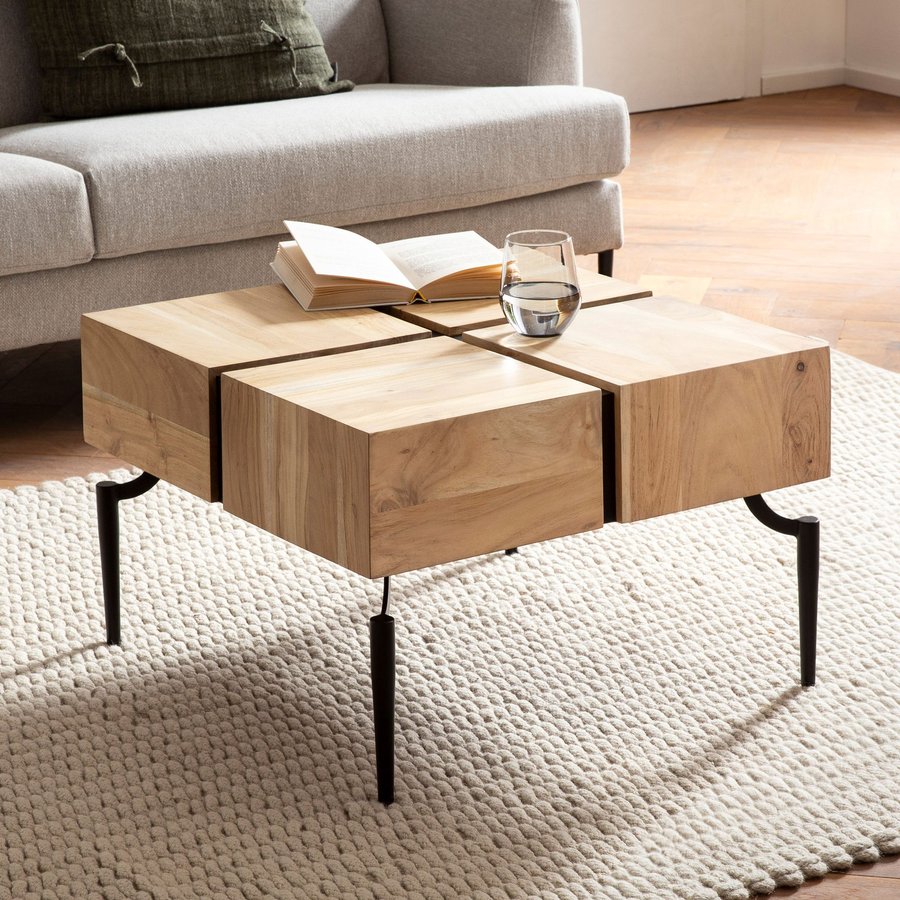 FineBuy Couchtisch Akazie Massivholz quadratisch 60x60 cm · moderner Wohnzimmertisch 4 Blocks · Design Tisch mit Metallbeinen im Industrial Cube Stil