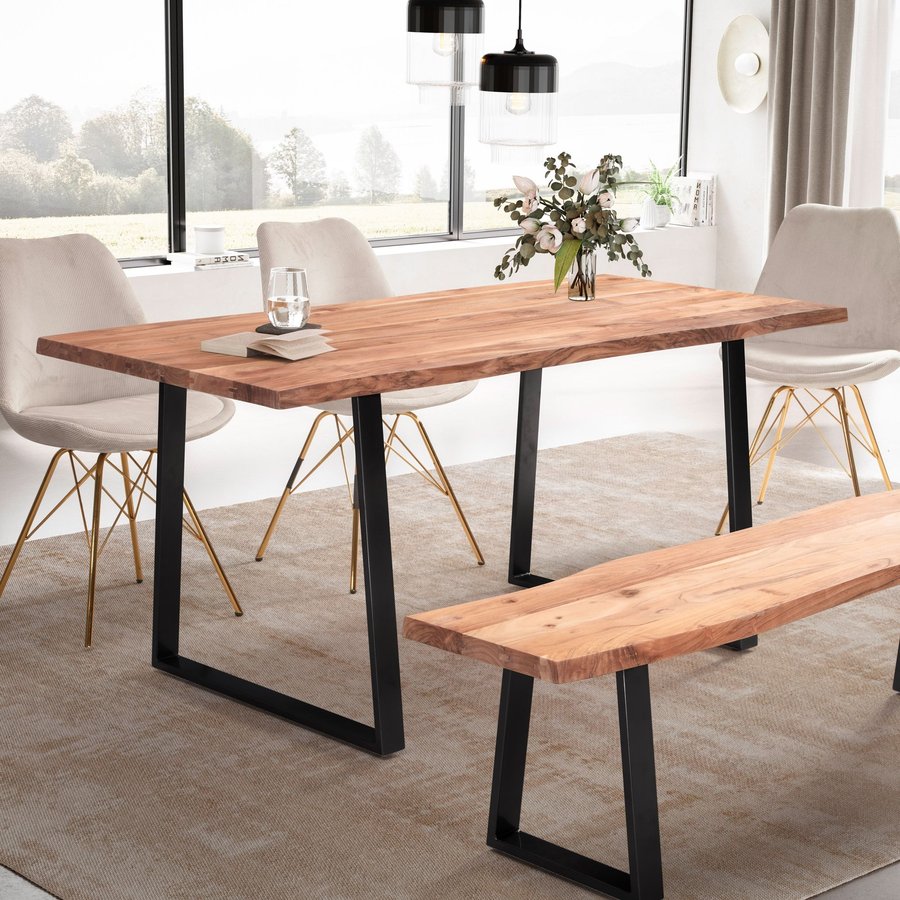 FineBuy Esszimmertisch rechteckig Massivholz Akazie Baumkante - Industrial Esstisch Baumstamm Massiv Echtholz - Küchentisch - Baumkantentisch mit schwarzem Kufengestell