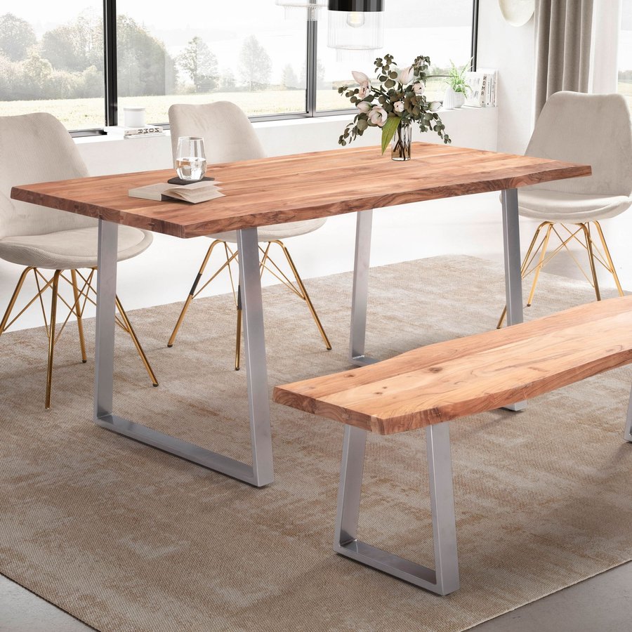 FineBuy Esszimmertisch rechteckig Massivholz Akazie Baumkante - Industrial Esstisch Baumstamm Massiv Echtholz - Küchentisch - Baumkantentisch mit silbernem Kufengestell