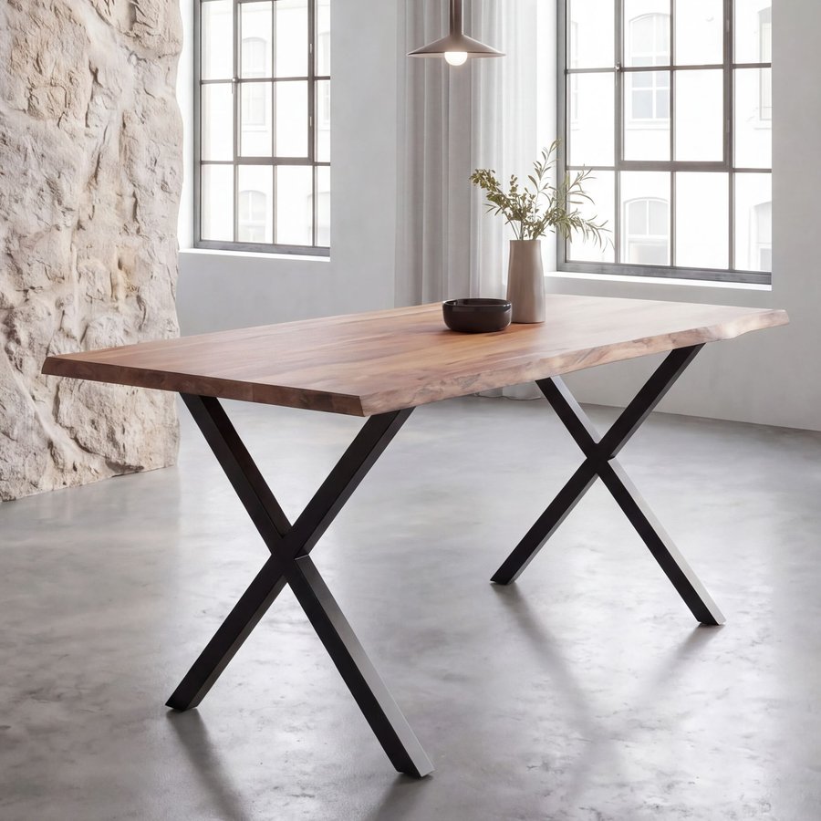 FineBuy Esszimmertisch rechteckig Massivholz Akazie Baumkante - Industrial Esstisch Baumstamm Massiv Echtholz - Küchentisch - Baumkantentisch mit schwarzem X-Gestell