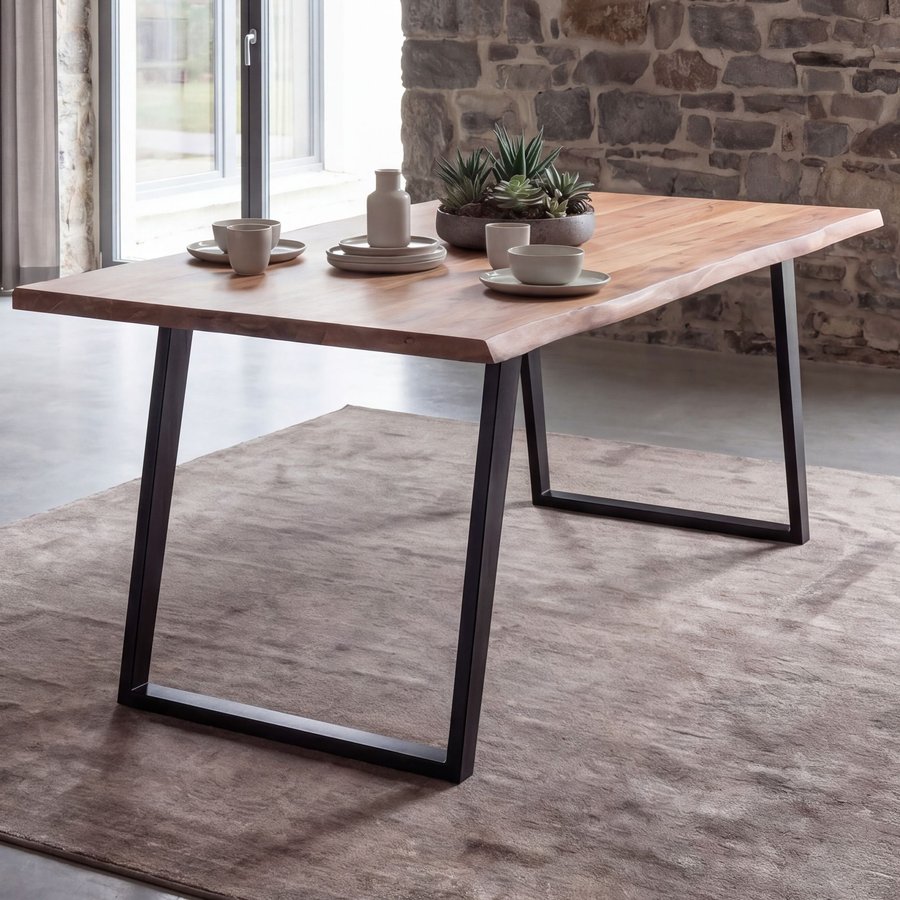FineBuy Esszimmertisch rechteckig Massivholz Akazie Baumkante - Industrial Esstisch Baumstamm Massiv Echtholz - Küchentisch - Baumkantentisch mit schwarzem U-Gestell