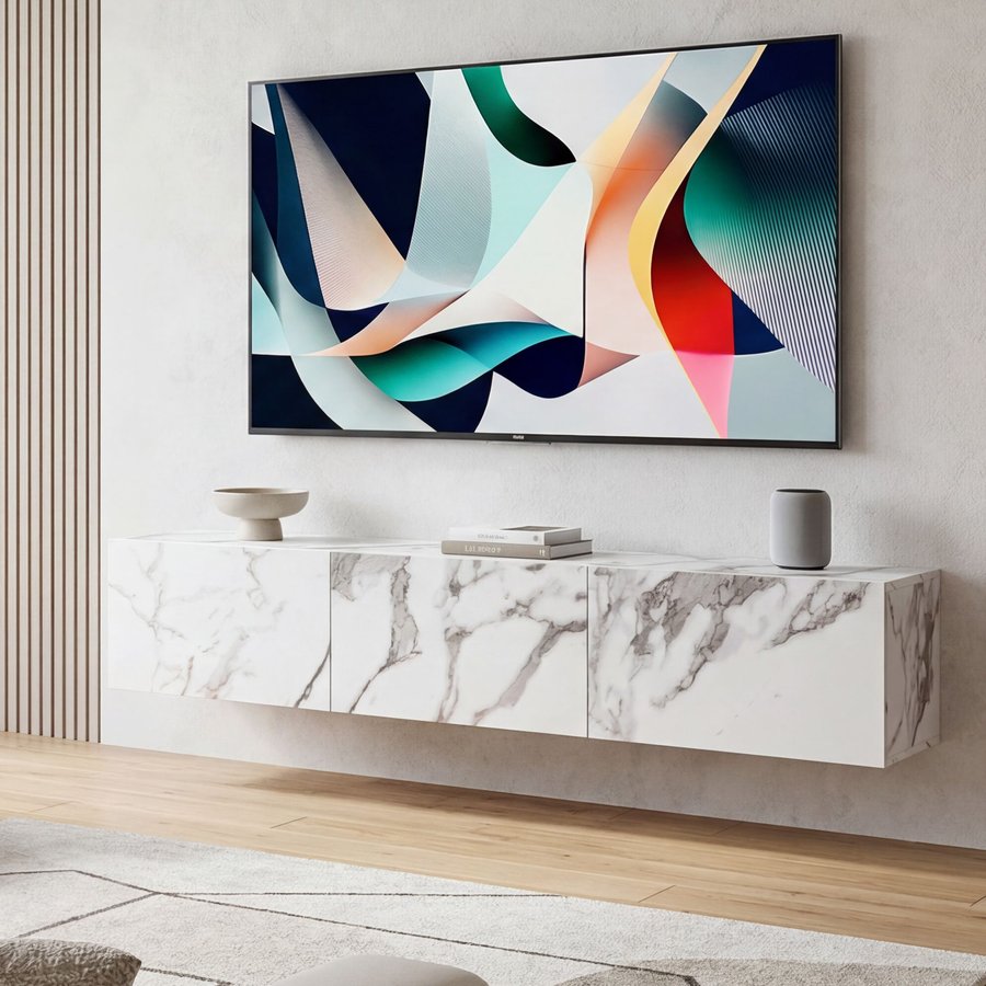 FineBuy Lowboard Hängend Marmor-Optik 160x30x30 cm TV-Schrank, Design Fernsehtisch mit Klapptüren Modern, Fernsehschrank Wand, TV-Kommode Fernsehkommode zum Aufhängen
