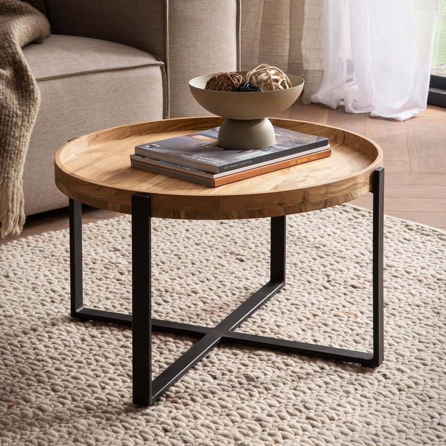 FineBuy Couchtisch Akazie Massivholz rund 60 cm · Wohnzimmertisch mit erhöhter Tischkante · Schwarzes Kreuzgestell aus Metall · Handgefertigter Industrial Design Tisch