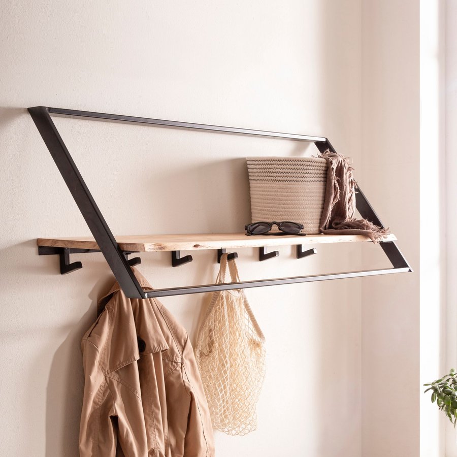FineBuy Wandgarderobe Akazie Massivholz 100 cm mit Ablage - Industrial Garderobenpaneel mit Hutablage - Wand Garderobenleiste Hakenleiste - 6 Metall Kleiderhaken & Kleiderstange