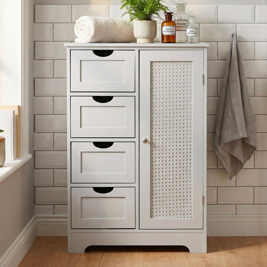 FineBuy schmaler Badschrank 55x80 cm mit Wiener Geflecht – Badezimmerschrank mit Tür und 4 Schubladen – Badregal aus lackiertem MDF – Badezimmerregal modern – Aufbewahrungsschrank Bad Badezimmer