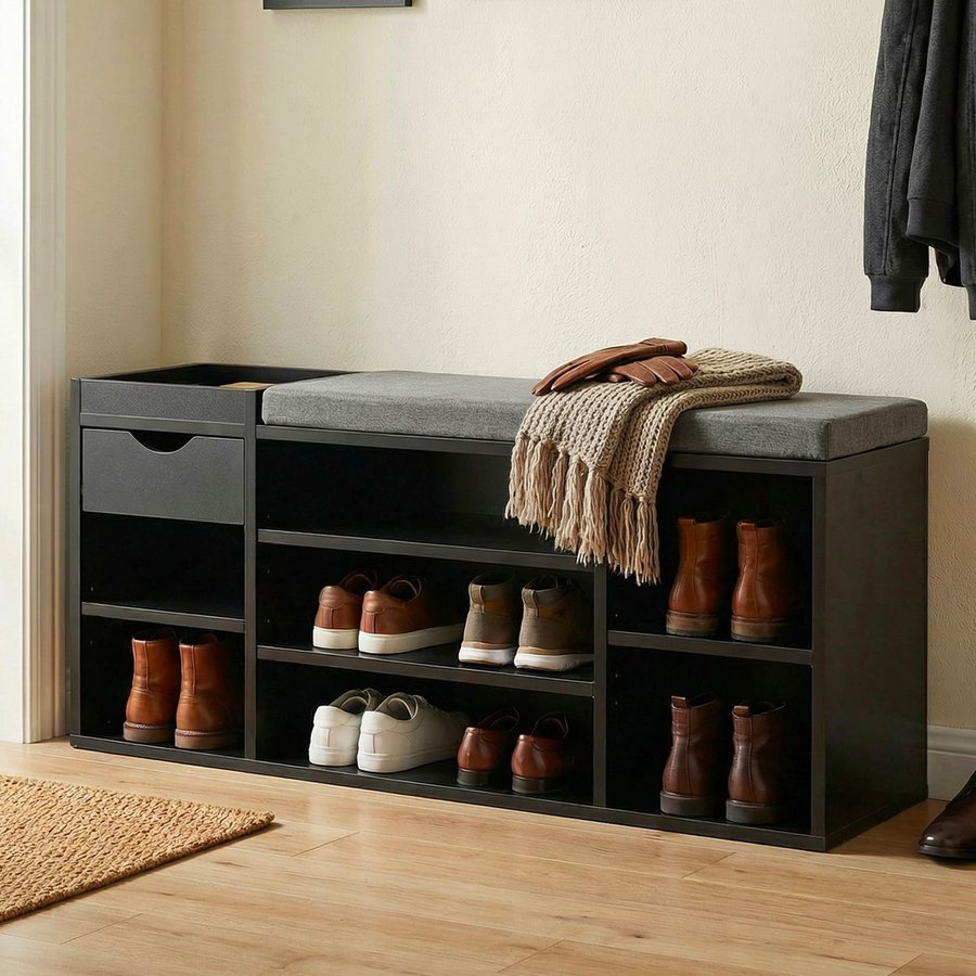 FineBuy Schuhbank Flur 100cm mit Sitzkissen – Sitzbank mit Schublade und verstellbaren Regalböden – Flurmöbel Schuhregal modern für den Eingangsbereich – Flurbank mit Stauraum