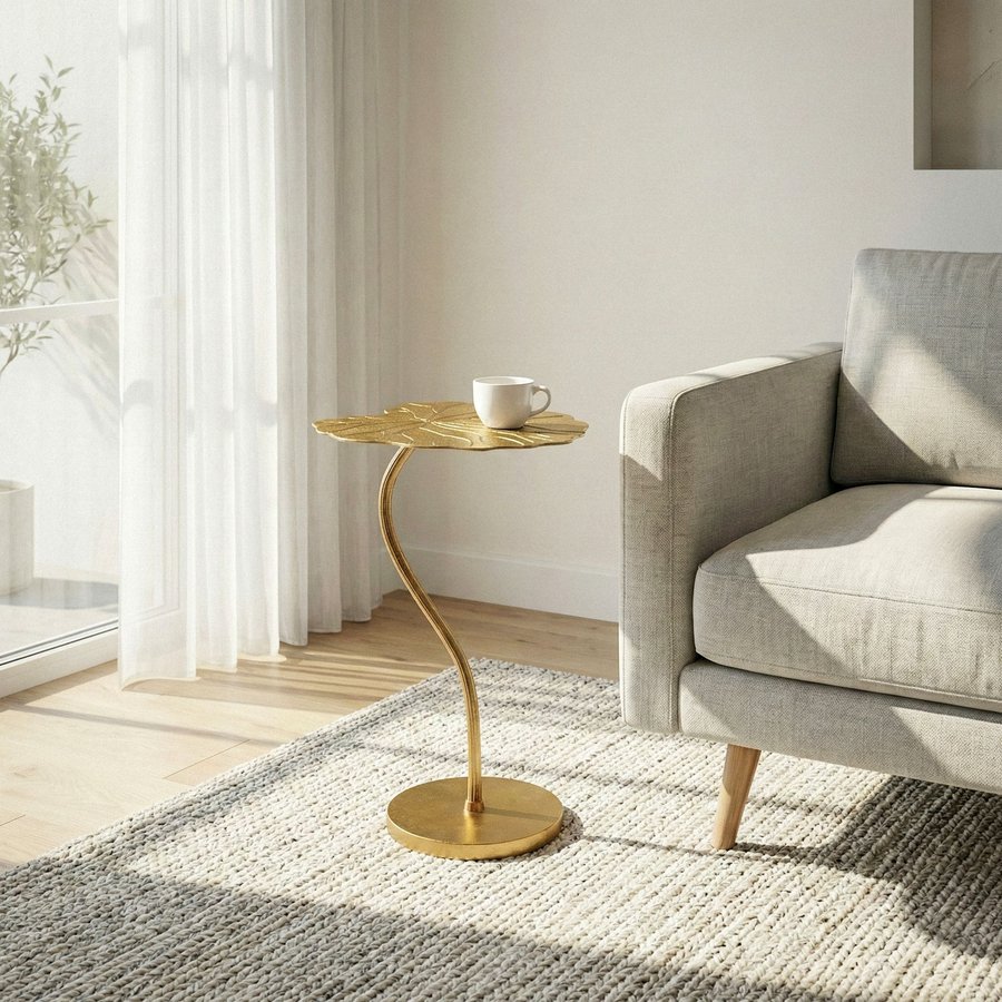 FineBuy Beistelltisch Aluminium Gold 40x38cm - Design Blatt Anstelltisch Wohnzimmertisch - Moderner Loungetisch - Edler Blumentisch Couchtisch Wohnzimmer Handmade