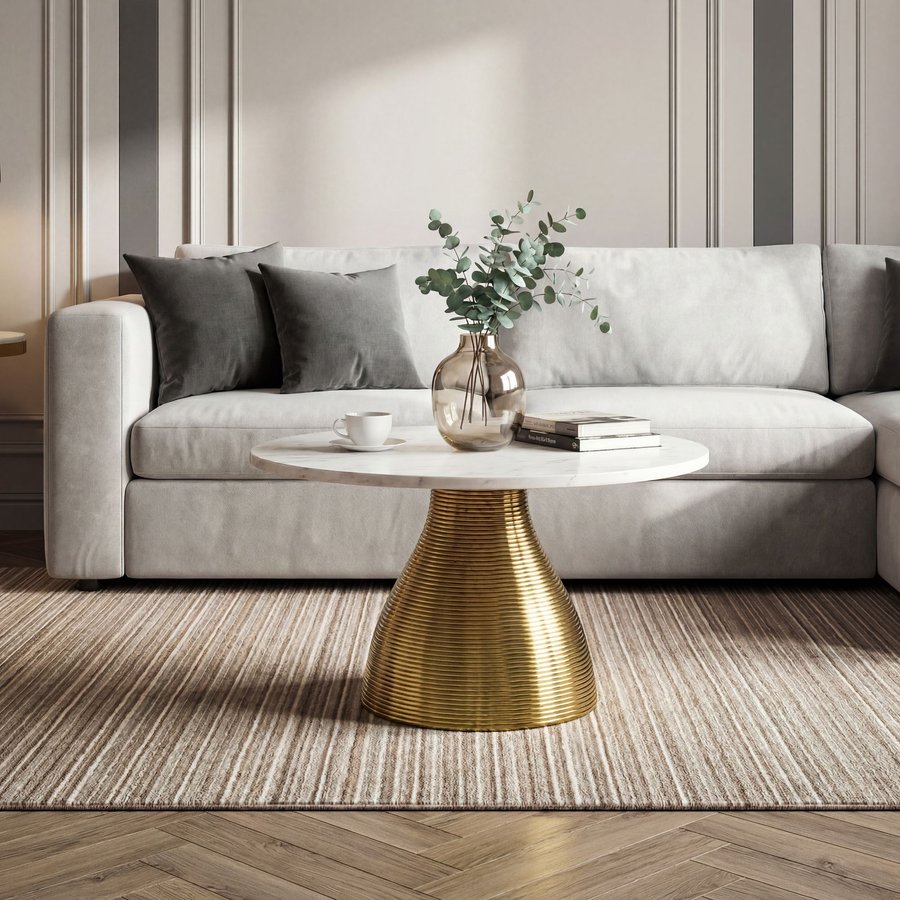 FineBuy Couchtisch Metall mit Marmor Tischplatte 60cm Rund - Moderner Wohnzimmertisch Aluminium Gold - Design Sofatisch Alu - Loungetisch Rillenoptik - Edler Beistelltisch Handmade