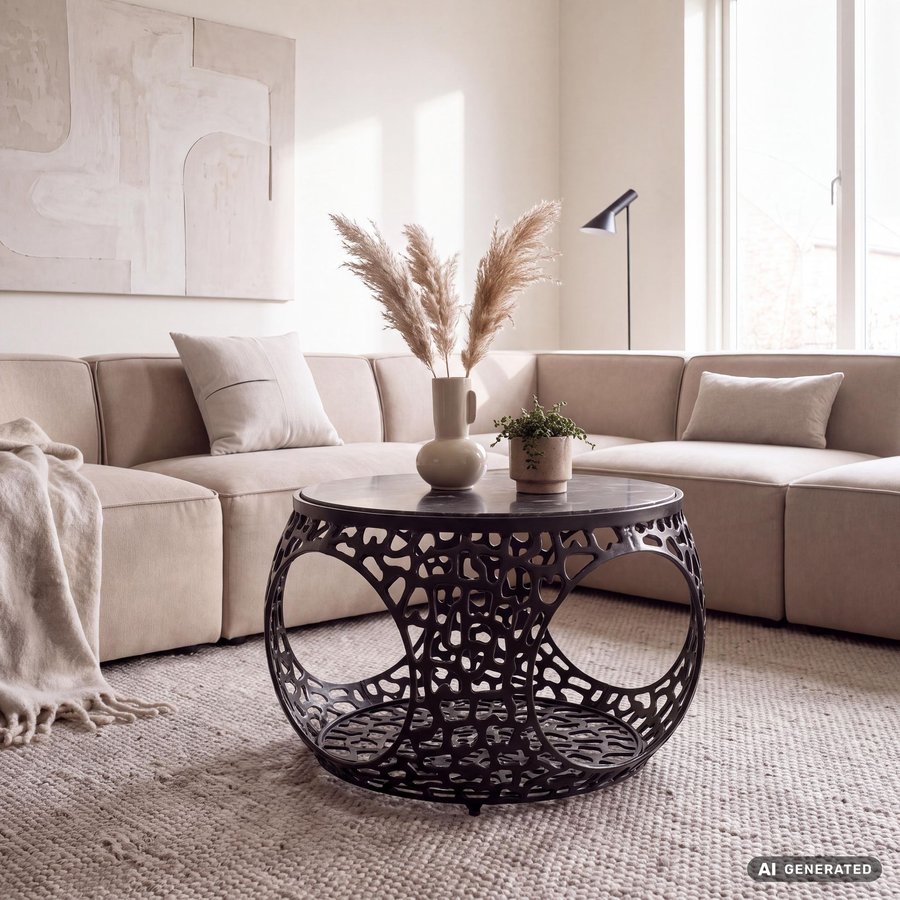 FineBuy Couchtisch 60cm Aluminium mit schwarzer Marmor Tischplatte - Runder Wohnzimmertisch mit Stauraum - Design Sofatisch - Moderner Loungetisch - Edler Beistelltisch Wohnzimmer Handgefertigt