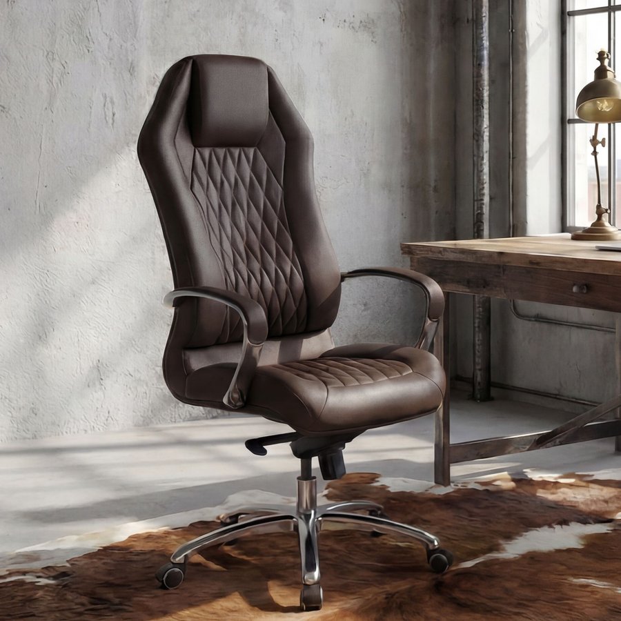 FineBuy Bürostuhl MONTEREY Echt-Leder Schreibtischstuhl XXL Polsterung Design Chefsessel hohe Rückenlehne mit Kopfstütze Drehstuhl Drehsessel höhenverstellbar Wippfunktion Hartbodenrollen