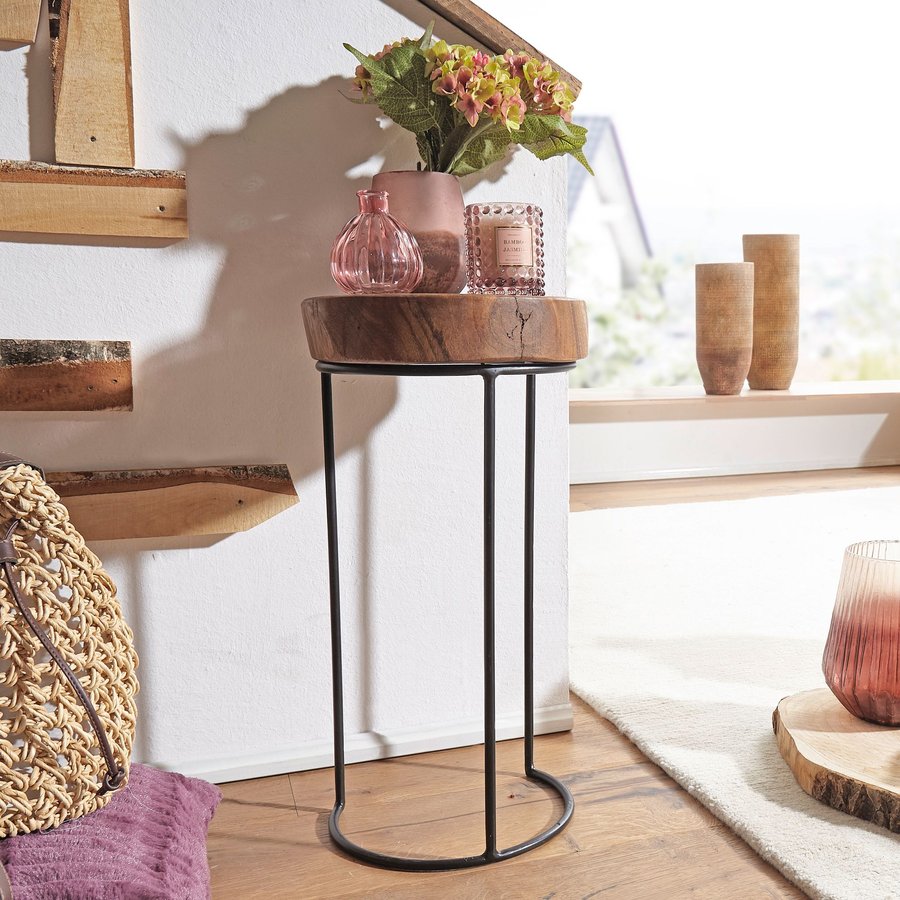FineBuy Beistelltisch Massiv-Holz Wohnzimmer-Tisch Metallbeine Landhaus Baumstamm-Form Echt-Holz Natur Farbe wählbar