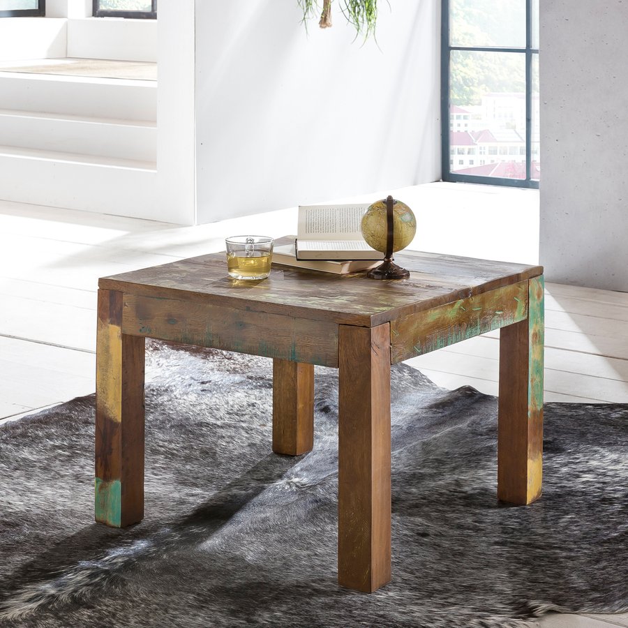 FineBuy Couchtisch KALKUTTA 60 x 47 x 60 cm, Massivholz Beistelltisch Shabby-Chic, Wohnzimmer Tisch aus Bootsholz, Sofatisch quadratisch